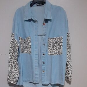Women's Light Blue Button Down Shirt with Leopard Print